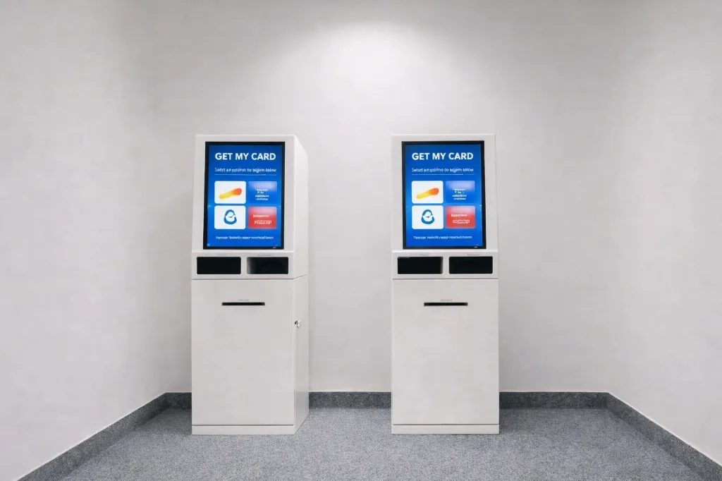 Modern white self-service interactive kiosks by Technobriq